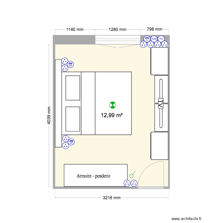 Chambre 1. Plan de 1 pièce et 13 m2