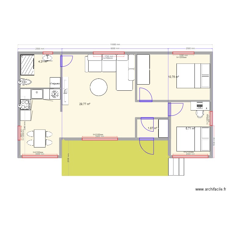 60 1 Pushkino. Plan de 6 pièces et 64 m2