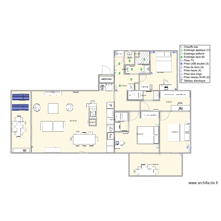 Santa Clara 2 face mer version famille Vtest2. Plan de 17 pièces et 119 m2