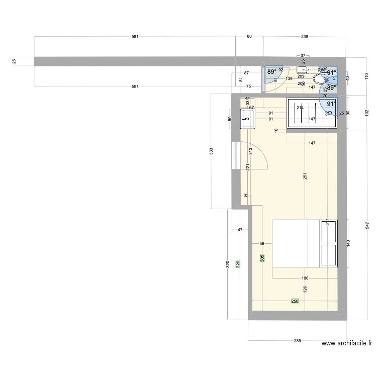 Chambre 3 proposition 2. Plan de 2 pièces et 18 m2