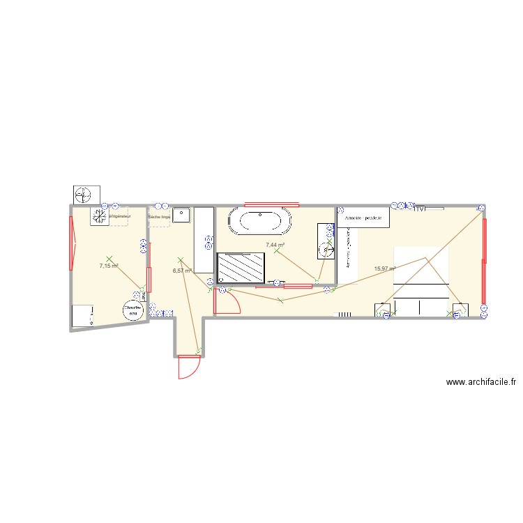Suite parentale - Implantation électrique. Plan de 4 pièces et 37 m2