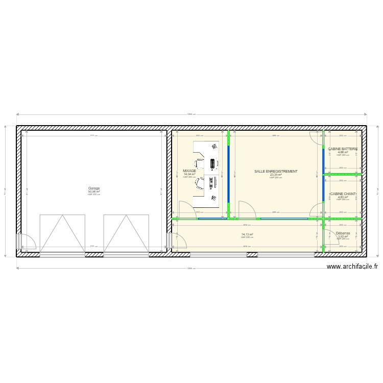 Garage et studio enregistrement. Plan de 7 pièces et 115 m2