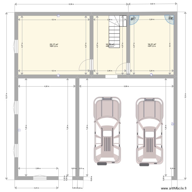 sous sol. Plan de 3 pièces et 48 m2