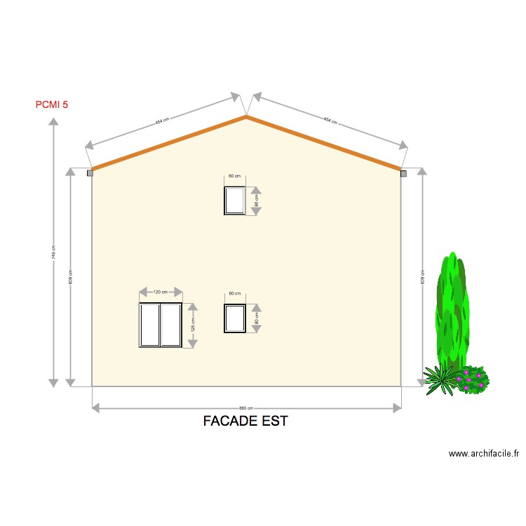 facade est. Plan de 2 pièces et 115 m2