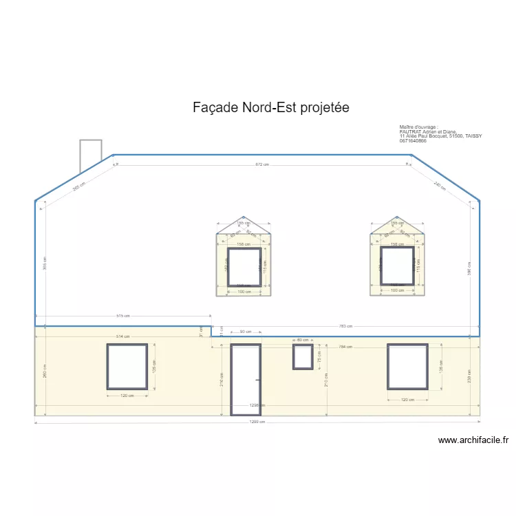 Facade NE projet&eacute;e. Plan de 