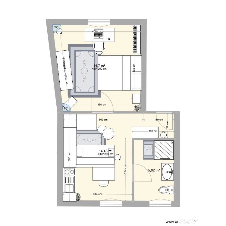 Appart. Plan de 3 pièces et 34 m2