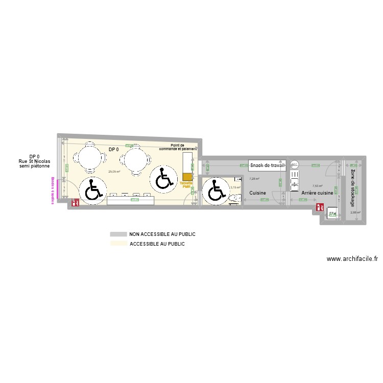 Kiff Koul Kebab plan après travaux matérialisation du toilette PMR. Plan de 5 pièces et 46 m2