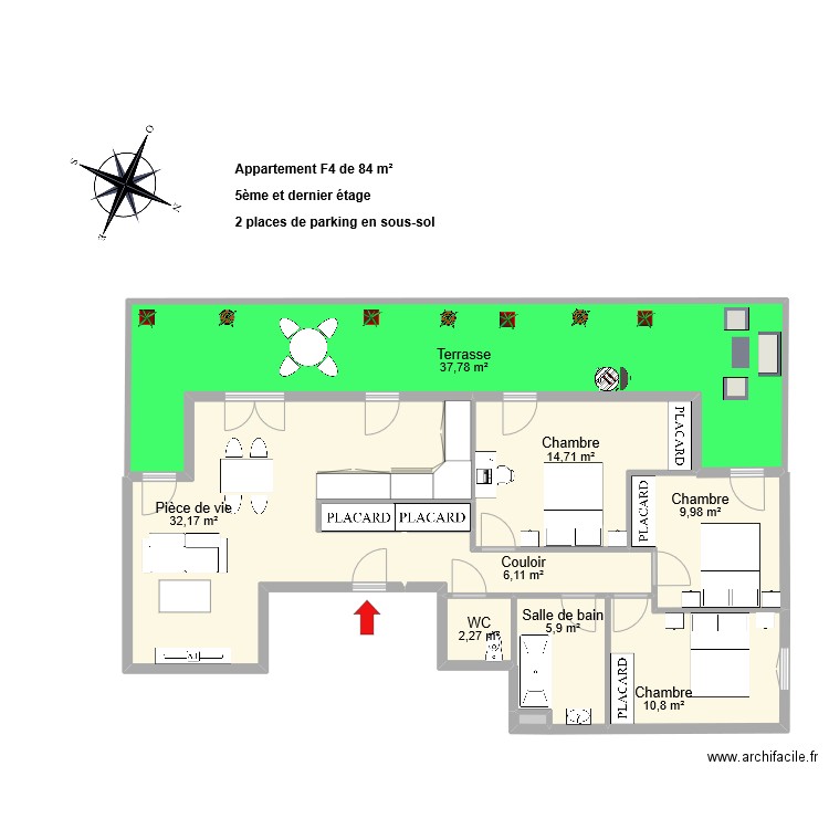 BOUYGUES T4 5ème etage 84 m². Plan de 10 pièces et 122 m2