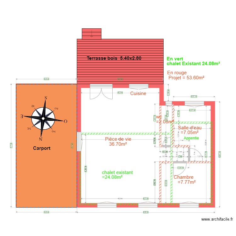 Démolition et Projet chalet 124. Plan de 6 pièces et 35 m2