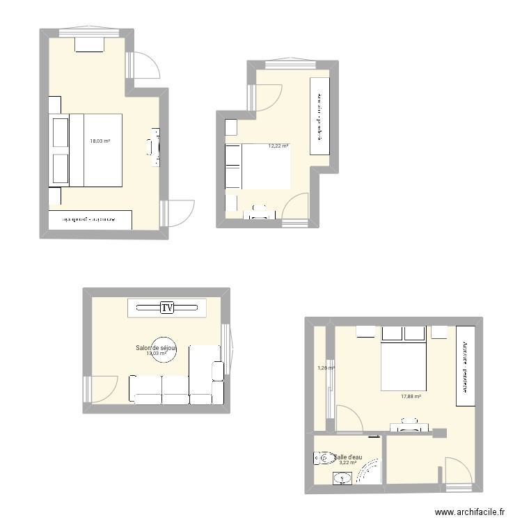 Chambre 1 . Plan de 6 pièces et 66 m2