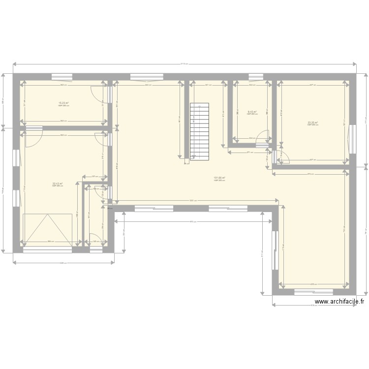 Plan projet chalet des Sables RDC facade Sud. Plan de 5 pièces et 182 m2