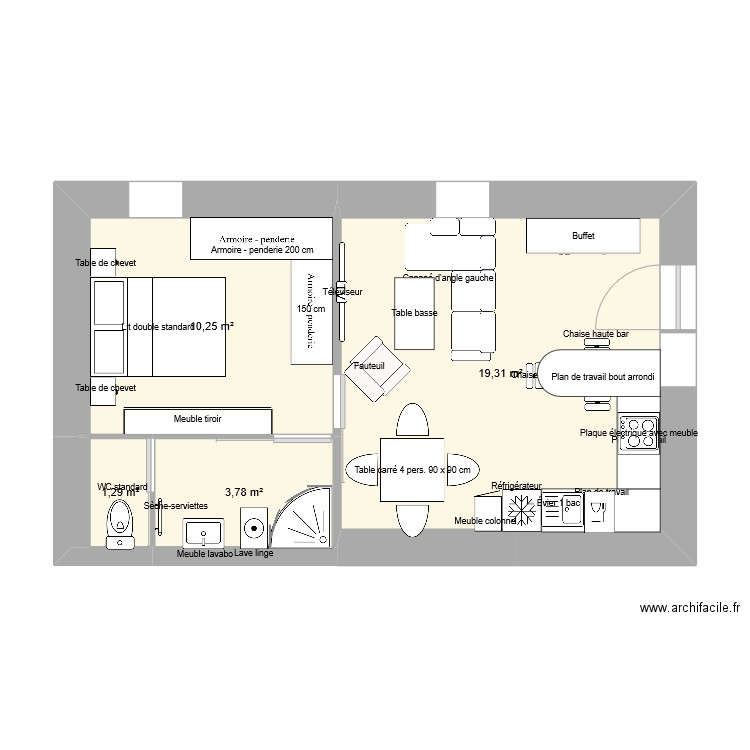 appartement fourques wc à gauche. Plan de 4 pièces et 35 m2