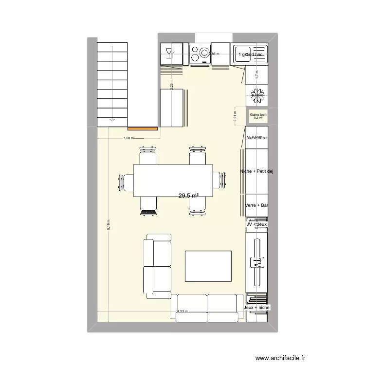 Cuisine. Plan de 2 pièces et 30 m²