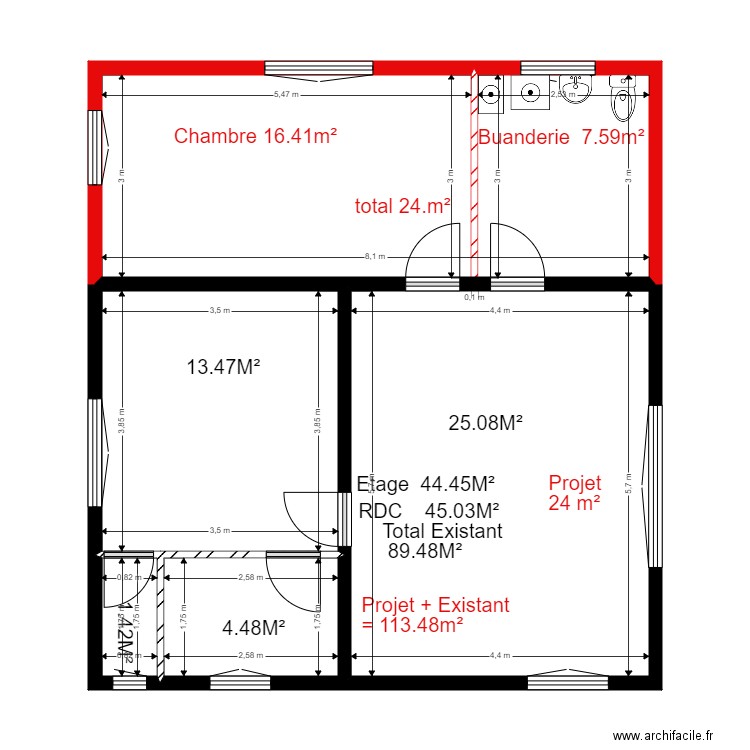 villenauxe  existant 2. Plan de 5 pièces et 69 m2