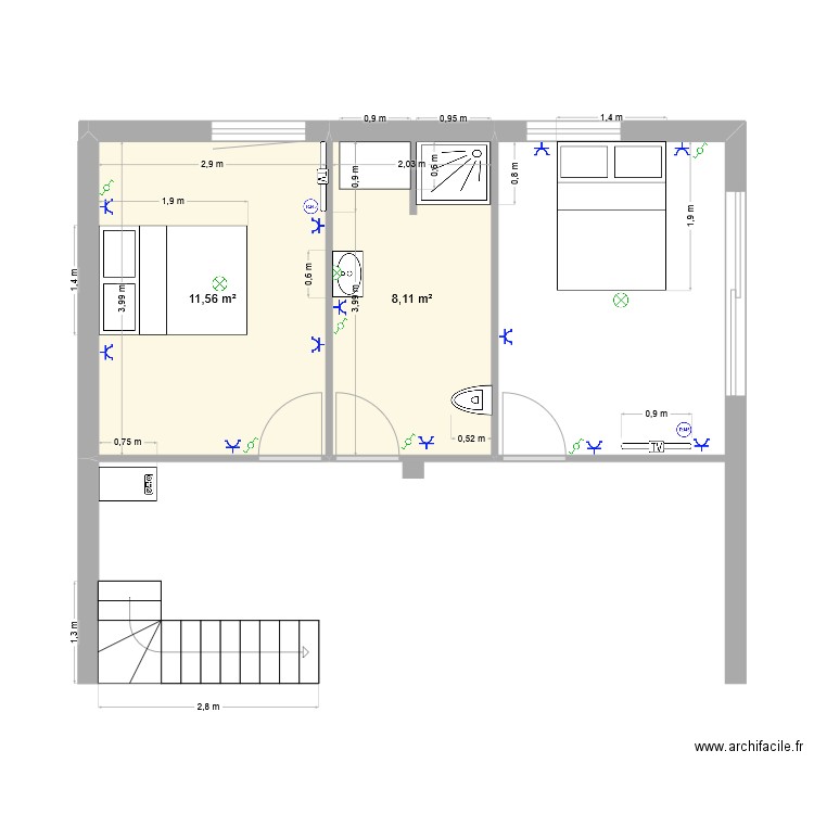CHAMBRES BAS VERA ROMAIN. Plan de 2 pièces et 20 m2