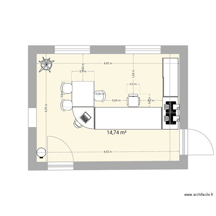 Bureau 2. Plan de 1 pièce et 15 m2