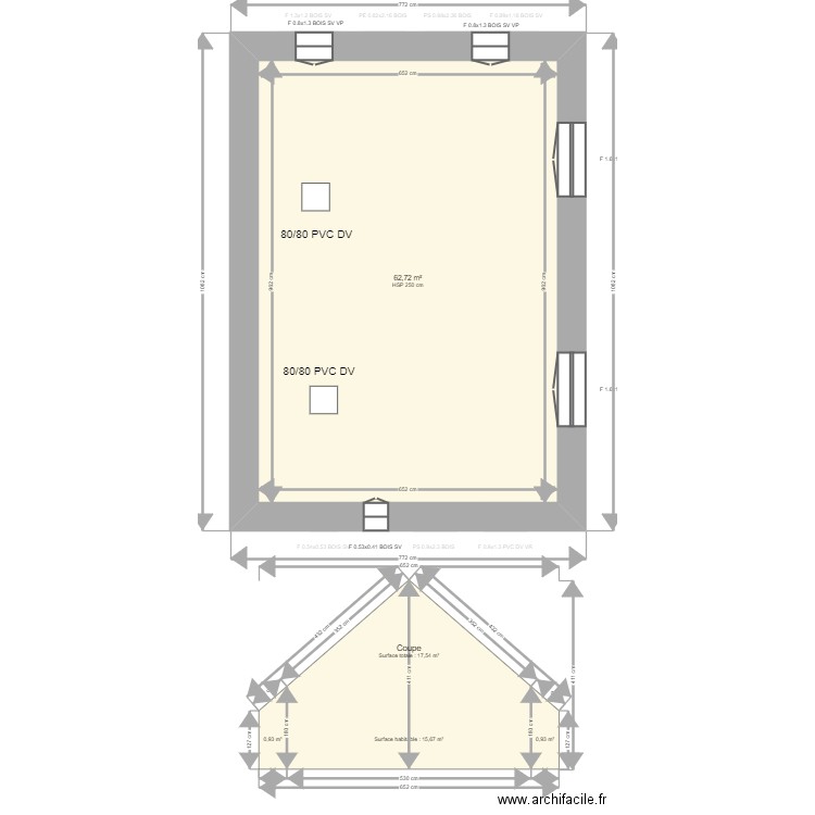 DESCHAMP. Plan de 2 pièces et 125 m2