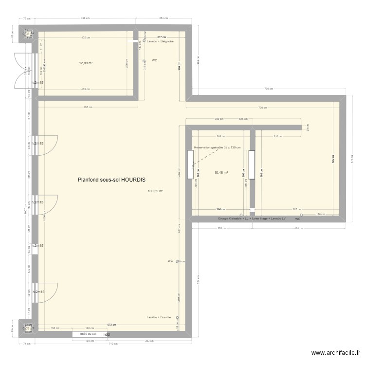 Plans côtés sous sol. Plan de 5 pièces et 124 m2