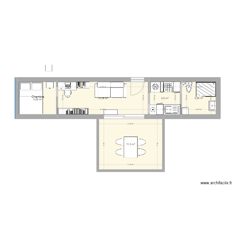 Container 40 feet essai 8. Plan de 5 pièces et 33 m2