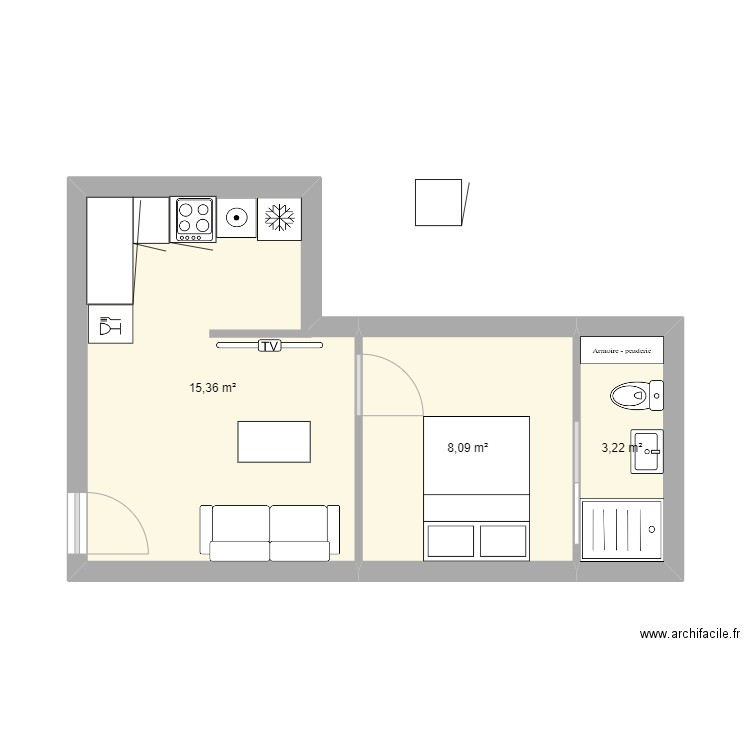 JULIO 1. Plan de 3 pièces et 27 m2