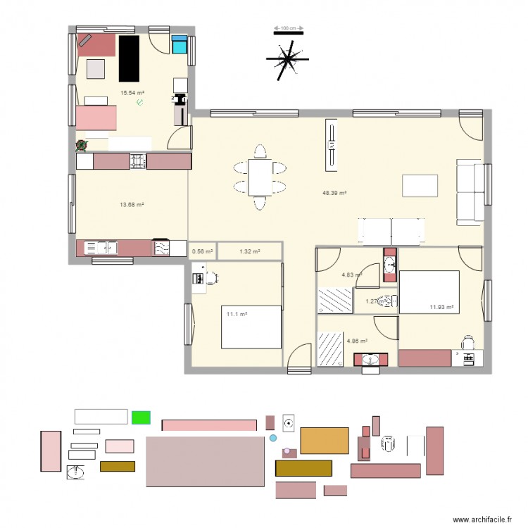 2 chambres  studio. Plan de 0 pièce et 0 m2