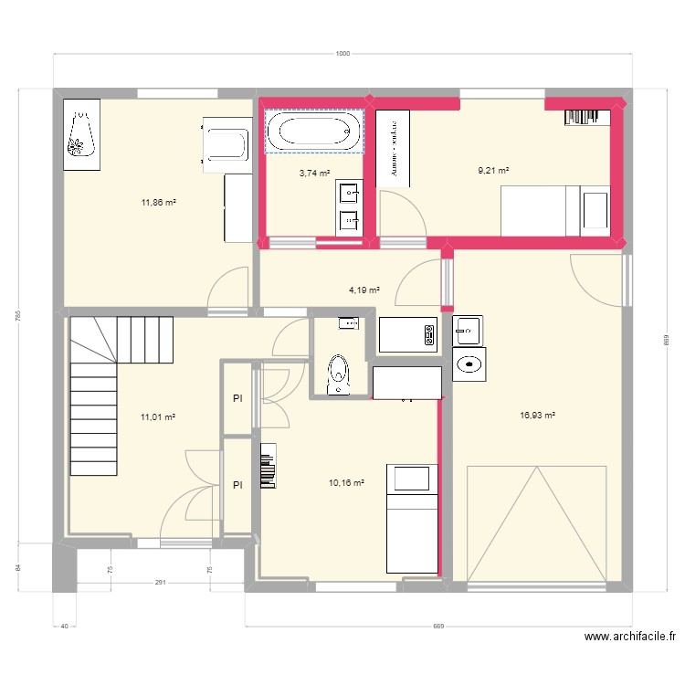 RDC travaux. Plan de 16 pièces et 71 m2