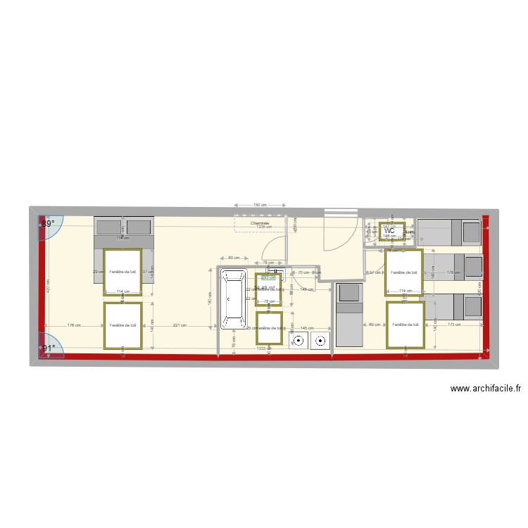 plan amenagement Grenier 2 chambres WC salle de bains. Plan de 2 pièces et 57 m2