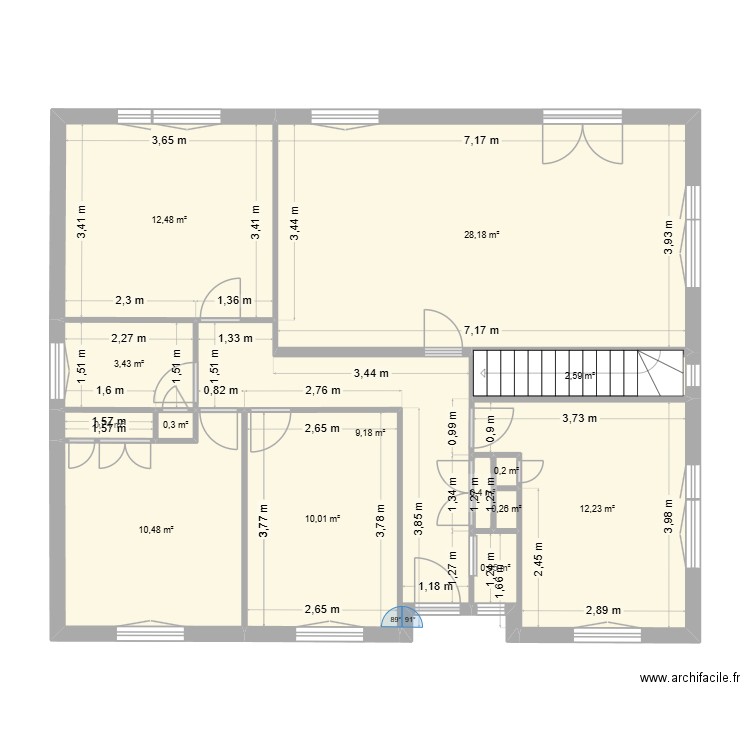 Etage Existant. Plan de 14 pièces et 91 m2