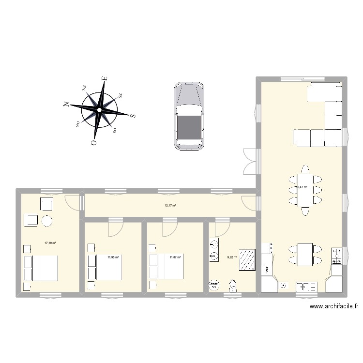 plein pied en L. Plan de 0 pièce et 0 m2