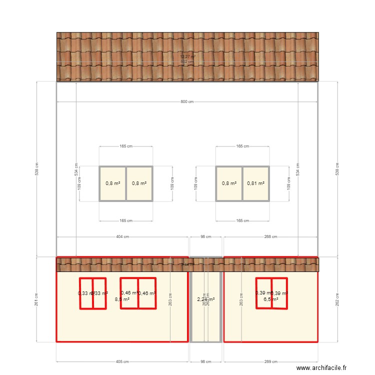 DP4 - façade avant (a  près extension). Plan de 13 pièces et 26 m2