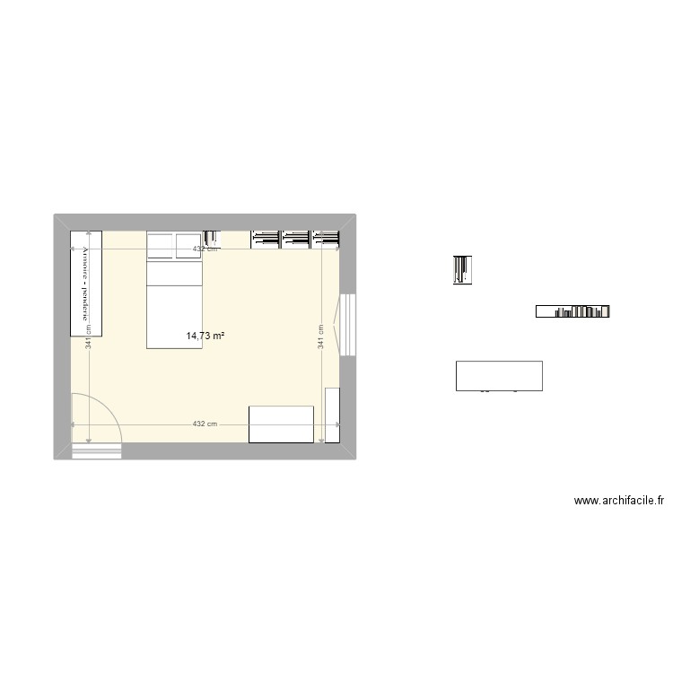 grande chambre bis. Plan de 1 pièce et 15 m2