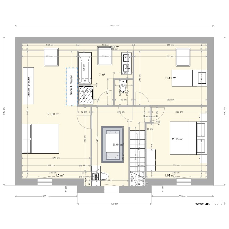 Kodjo Armancourt étage 1070 x 800. Plan de 9 pièces et 72 m2