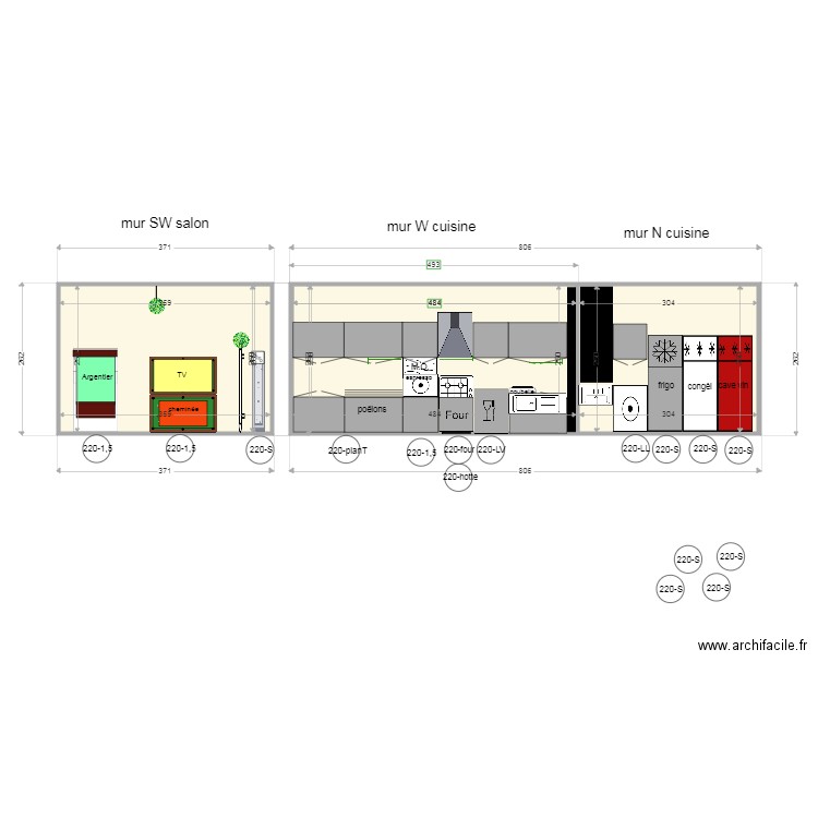 cuisine murs W et N. Plan de 3 pièces et 29 m2