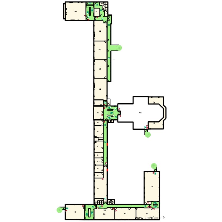 Plan 1er étage V2 avec salles et sécurité façade ouest. Plan de 62 pièces et 1317 m2