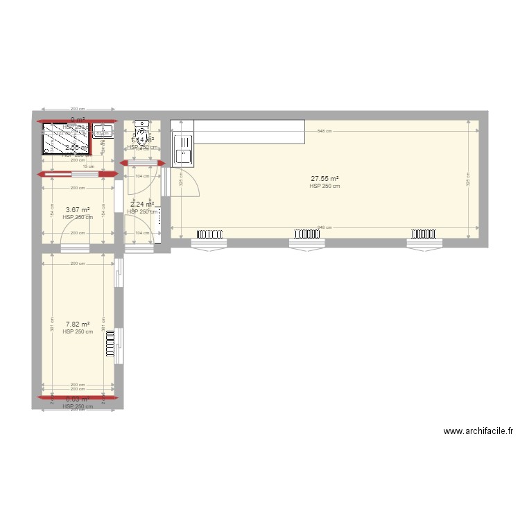 de la taille après 2. Plan de 8 pièces et 45 m2