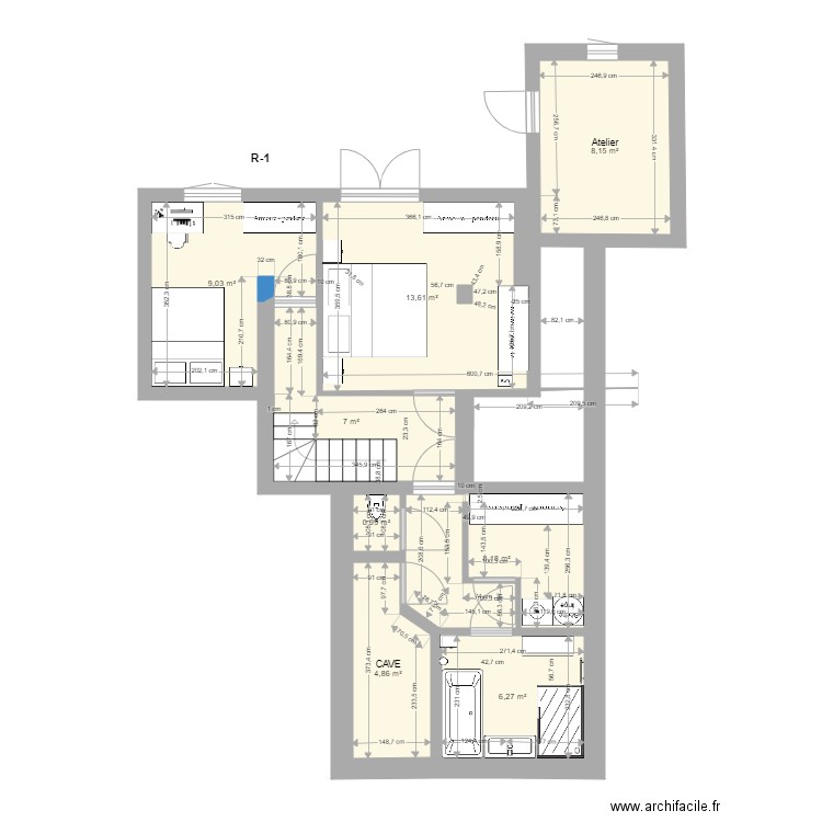Plan R moins 1 escalier ter. Plan de 8 pièces et 58 m2