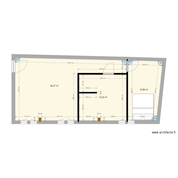 studio 2. Plan de 3 pièces et 48 m2