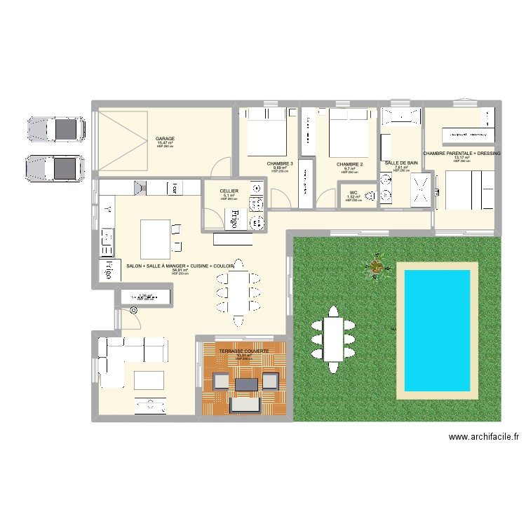 Nouvelle maison en L. Plan de 10 pièces et 129 m2