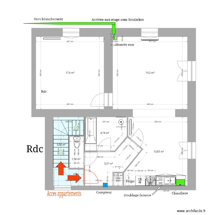 T5 rdc. Plan de 8 pièces et 68 m2