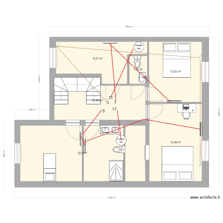 Sèvres 57 R+1 electricité Chaufage + volet roulant. Plan de 6 pièces et 69 m2