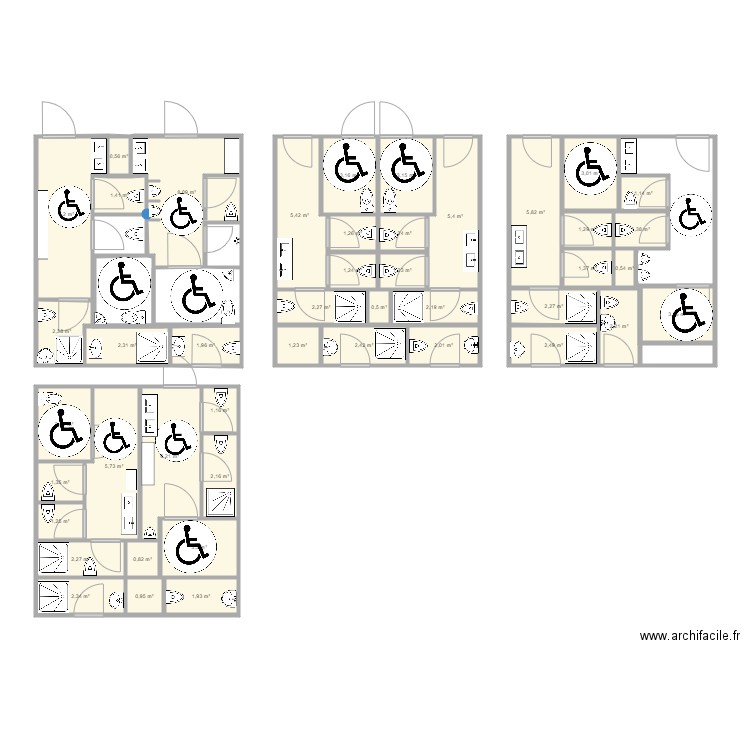 Toilettes trip. Plan de 45 pièces et 114 m2