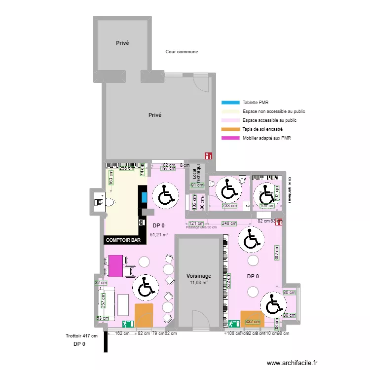 COUP DE FOUDRE plan apr&egrave;s travaux avec espace de rotation. Plan de 
