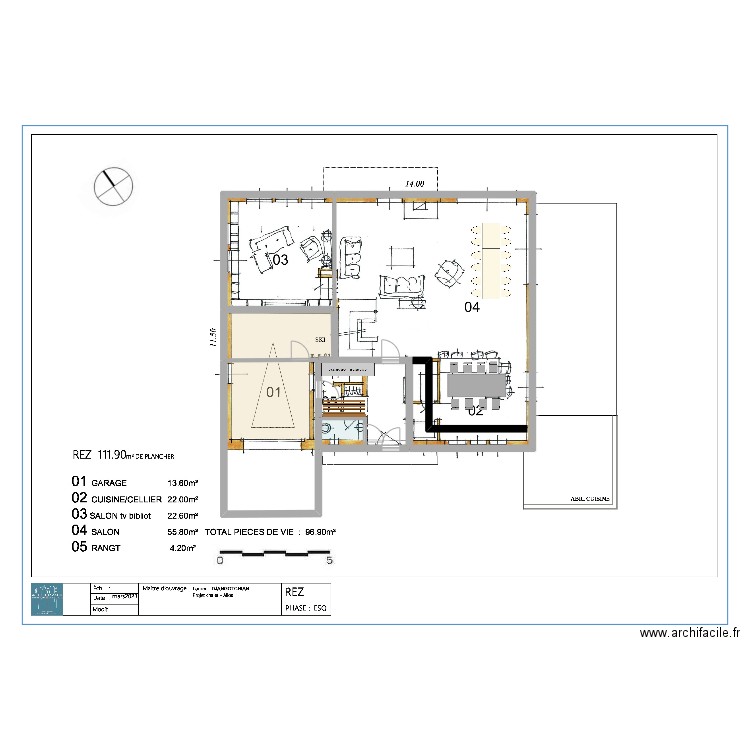 RDC et Garage V2. Plan de 6 pièces et 156 m2