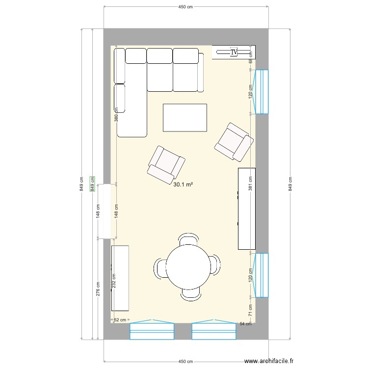 salon meublé. Plan de 0 pièce et 0 m2