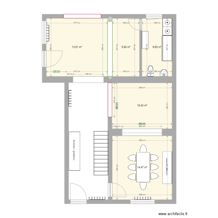 cortil avec modif. Plan de 5 pièces et 51 m2