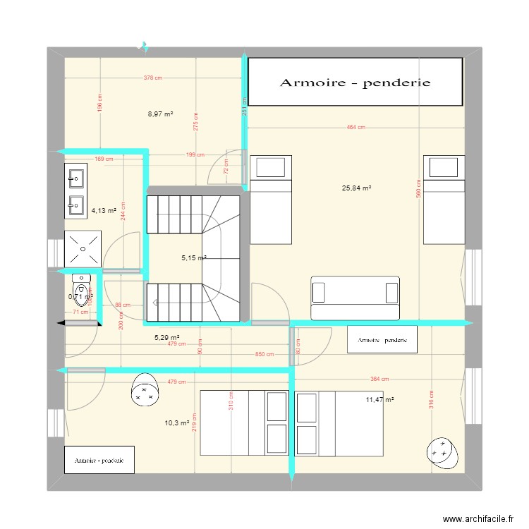 St-Girons // Aménagement étage VF. Plan de 8 pièces et 72 m2