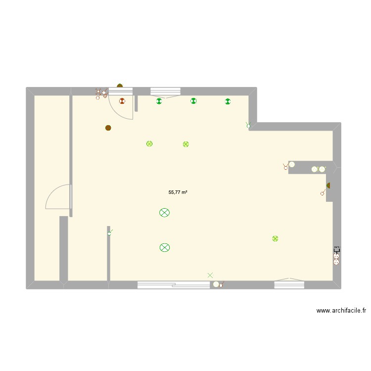 Pièce de vie électronique. Plan de 1 pièce et 56 m2