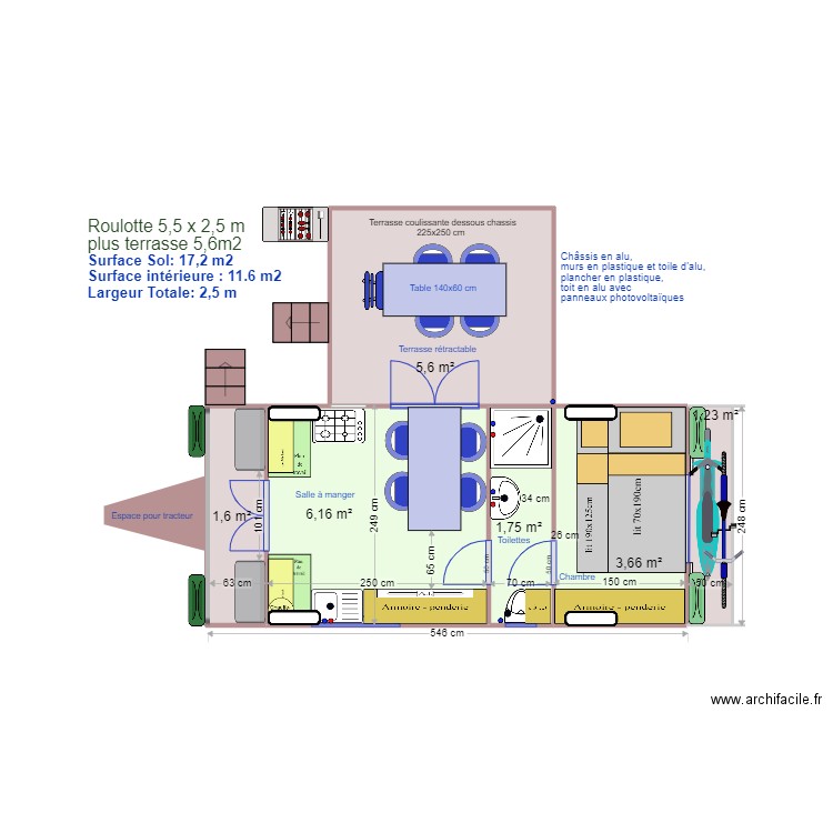 Roulotte 550 cm 4 places E. Plan de 6 pièces et 20 m2