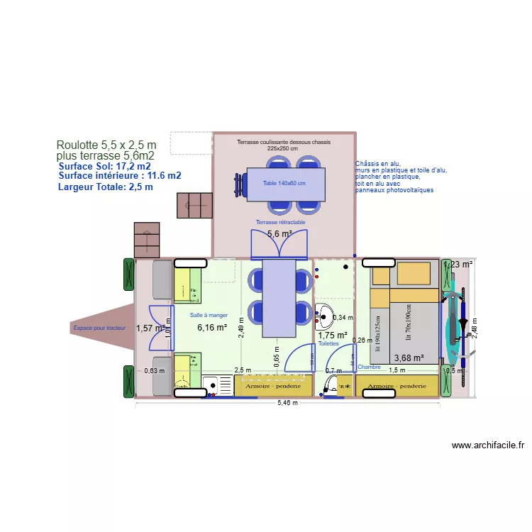 Roulotte 550 cm 4 places E. Plan de 6  et 20 m²