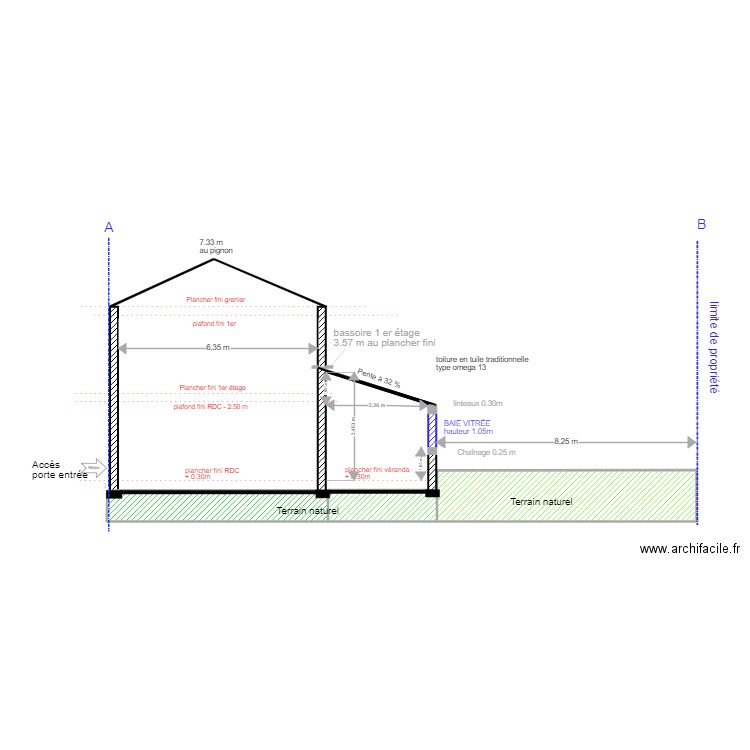 COUPE AB projeté N°2. Plan de 4 pièces et 34 m2